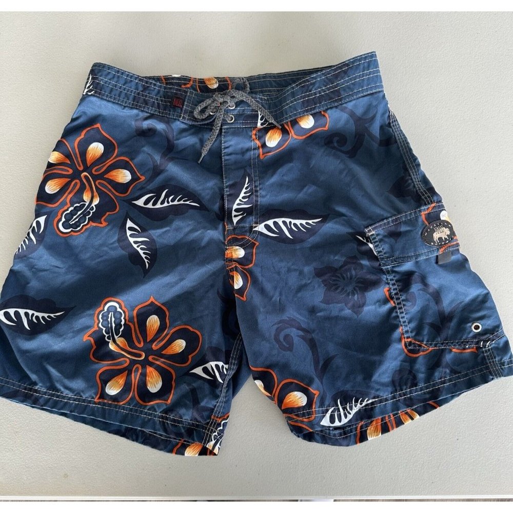 Nalu Hawaiian Buffalo Swim Board‎ Shorts Blue Floral Cargo Pocket Mens Size 34